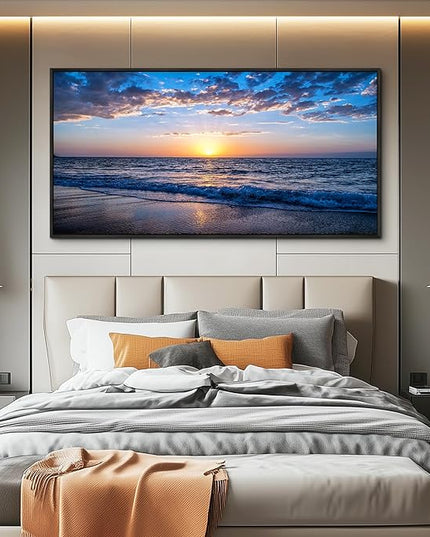 Blue Ocean Framed Wall Decor Living Room Large Size Canvas Wall Art For Bedroom Boho Home Decor Sea Beach Canvas Pictures Artwork Sunny Sea View Painting Office Wall Decorations Black Framed 30" X 60"