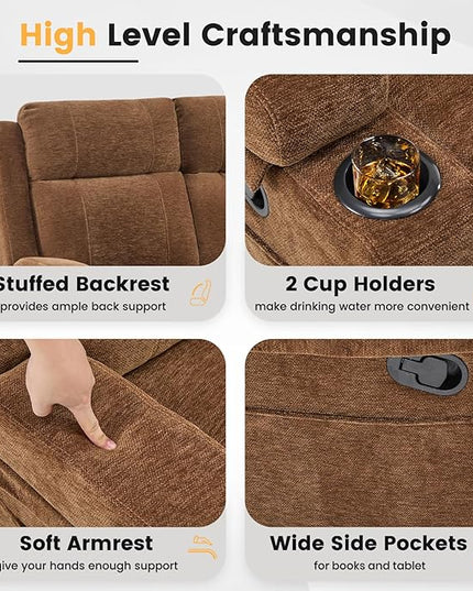 Reclining Sofa Couch,Loveseat Recliner Sofa with Drop Down Table/ 4 Cup Holder/Hidden Storage, Wall Hugger Recliner Sofa for Living Room & Home Theater & RV(Brown)