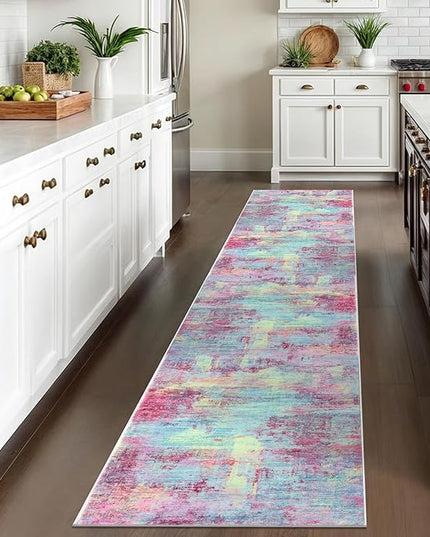 IOHOUZE Abstract Runner Rug 2x10 Ft Washable Runners for Hallways, Non Slip Kitchen Runner Printed Faux Wool Entryway Runner Indoor, Modern Abstract Floor Carpet for Hall Kitchen, Pink Teal