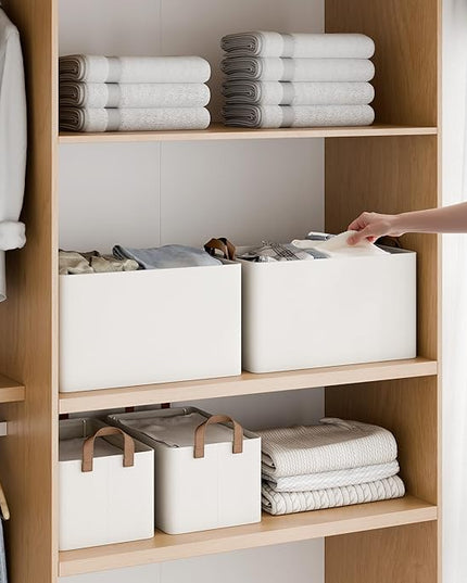 StorageWorks Storage Bins, Fabric Storage Bins for Shelves, Storage Baskets with Metal Frame, Closet Baskets and Bins with Handles, Beige, 2-Pack