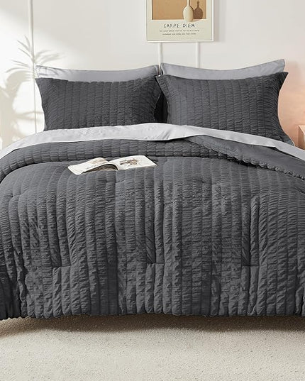 HYMOKEGE Dark Grey/Light Grey Queen Comforter Set Seersucker 7 Pieces, All Season Luxury Bed in a Bag Queen for Bedroom, Bedding Set with Comforter, Sheets, Pillowcases & Shams