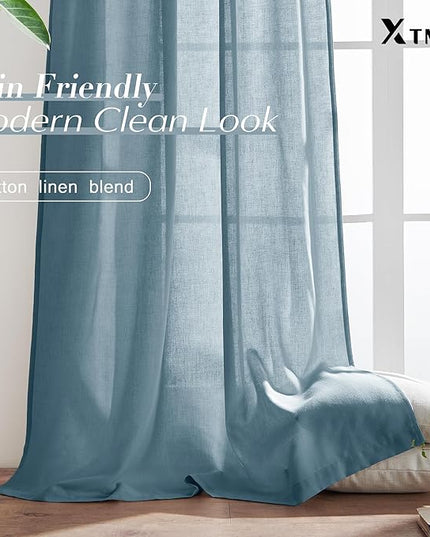 XTMYI Dusty Blue Curtains 96 Inches Long for Living Room,Light Filtering Country Vintage Hooks Pleated Back Tab Semi Sheer Linen Curtains for Bedroom 2 Panels Set,Stone Blue