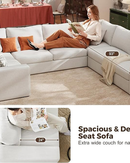 ABCASA U Shaped Sectional Sofa with Detachable Cover, Modular Couch for Living Room, Breathable Linen Fabric Corner Couch with 11 Seats, Ivory