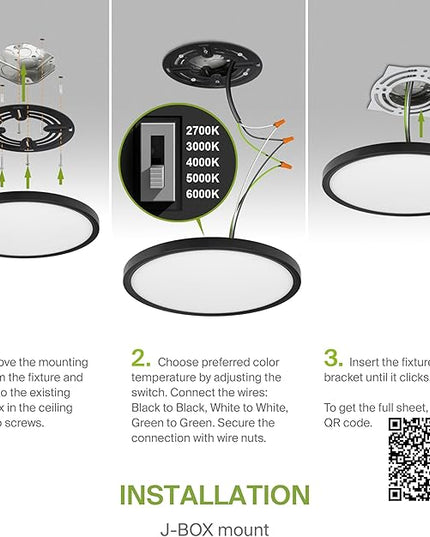 ASD LED 12" Round Flush Mount Ceiling Light Fixture, Low Profile Surface Lighting | 5CCT, Dimmable, Ultra-Thin, ETL Listed | 24W 2000LM 2700-6000K 100-277V | Kitchen, Hallway Lamp | Black, 12 Pack