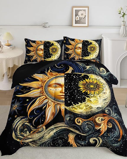 AILONEN Sun and Moon Comforter Set Full Size,Boho Exotic Black Galaxy Soft Bedding for Boys Girls,Gold Sun Moon Bohemia Comforter Set 3-Piece,1 Comforter + 2 Pillowcases