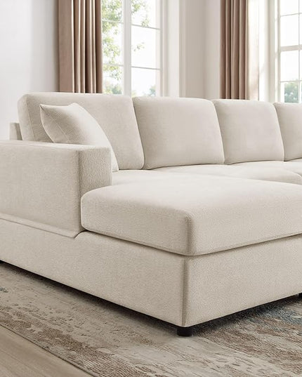 VANOMi 118'' U Shaped Sectional Sofa, 4 Seat Modern Sectional Couch, Double Chaise Longue, Cozy Chenille Sofa Couches for Living Room Apartment, Beige
