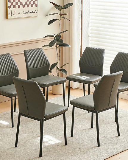 Dining Chairs Set of 6, Dark Grey PU Leather Dining Chairs, Comfortable Upholstered Armless Kitchen Chairs with Black Metal Legs for Living Room, Dining Room, Kitchen