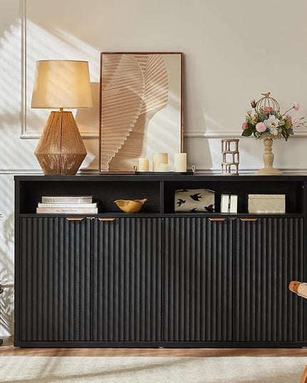 LEYAOYAO Fluted Buffet Cabinet with Storage, 55" Wide Wood Sideboard Credenza with 4 Doors & Open Storage Shelf, Modern Kitchen Console Accent Cabinets, Coffee Bar Table for Dining Room, Black Oak