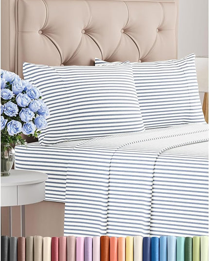 Full Size 4 Piece Sheet Set - Comfy Breathable & Cooling Bed Sheets Set - Hotel Luxury Bedding for Women, Men, Kids, Teens, Boys & Girls - Deep Pockets, Soft, Wrinkle Free - Oeko-Tex - Blue Stripes 2