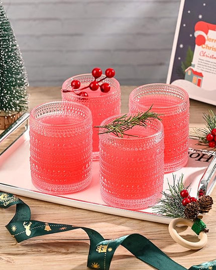 Set of 4 Hobnail Drinking Glasses,15.2 Oz Romantic Water Glasses, Clear Embossed Design Vintage Glassware, Cocktail Glasses, Beaded Drinking Glasses for Water, Beer, Juice(15oz+4")