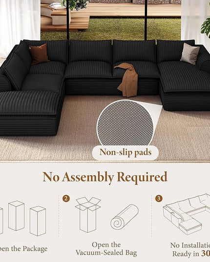 Vesgantti 204.7" Oversized Sectional Boneless Couch, Modern 9 Seater Modular Sofa with Chaise, Deep Seat Convertible Plush Corduroy Cloud Couches for Living Room, No Assembly Required, Black