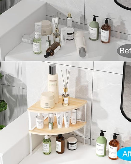 Corner Shelf Countertop Organizer - Set of 2 Corner Shelves for Kitchen Cabinet Organizer, Spice Rack, Stackable Bathroom Stand and Storage, Sink Rack, Corner Cabinet, Counter Decor, Natural Beige