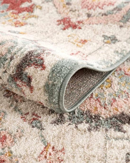 BoutiqueRugs Twilight Boho Vintage Colorful Area Rug - Farmhouse Traditional Floral Pink Carpet for Living Room, Bedroom - Cream, Green, Sage, Red, Gray, Taupe, Pink - 5'3" x 7' (5x7)