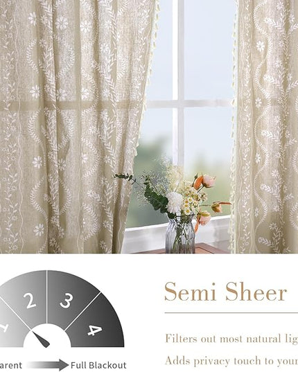 Boho Curtains 2 Panel for Living Room 84 Inches Long Linen Floral Curtains Semi Sheer Vintage Farmhouse Window Curtain Rustic Western Curtain Tan