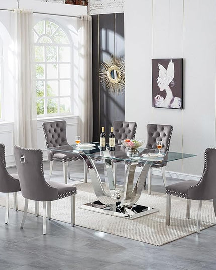 HomVent 70'' Glass Dining Table Set for 6, Modern Rectangle Glass Dinner Table Set for 6, Kitchen Table and Chairs Set for 6 for Living Room,Kitchen