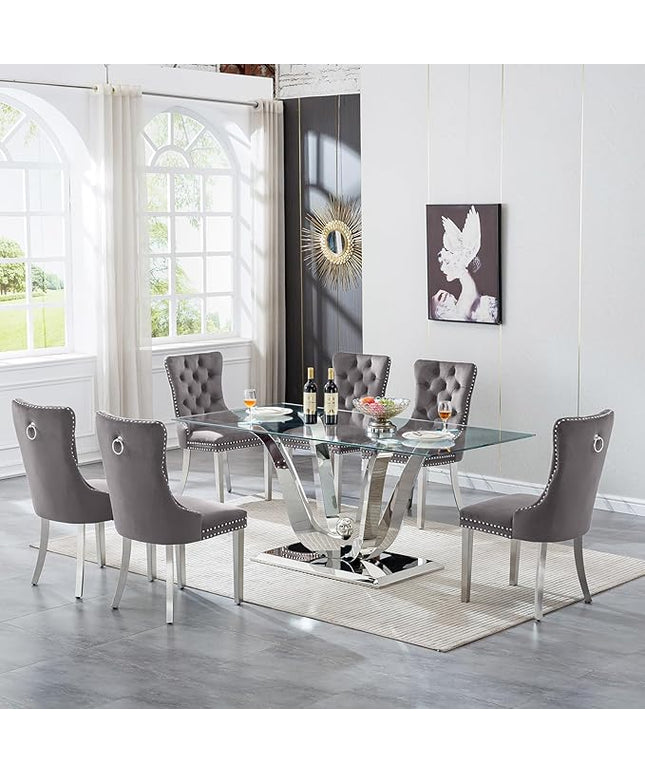 7-Piece Glass Dining Table Set w/6 Gray Upholstered Dining Chairs, 70in Rectangular Large Kitchen Table Set for 6, Glass and Silver Dining Table and Chair Set for 6