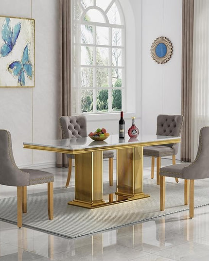 HomVent 68.11'' Rectangle Dining Table Set, Modern Faux Marble Top & Stainless Steel Base (White with 4 Grey Chairs, 5 Pieces)