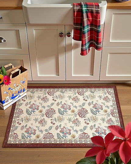 jinchan Elora 2x3 Floral Rug for Entryway Washable Kitchen Rug Vintage Romance Design Christmas Small Mat Non Slip Indoor Doormat Lightweight Low-Profile Throw Carpet for Entrance Bathroom, Red/Beige
