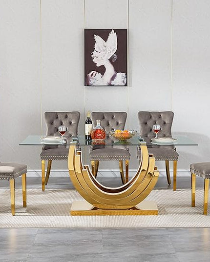 Henf 7-Piece Glass Dining Table Set with 6 Upholstered Dining Chairs, Large Gold Dining Table and Chair Set for 6, Modern Kitchen Table Furniture for Dining Room, Stainless Steel Base and Glass Top