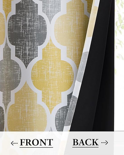 Beauoop 100% Blackout Curtains 96 Inches Long 2 Panels for Bedroom Living Room Yellow Grey Moroccan Geo Room Darkening Thermal Insulated Soundproof Rod Pocket Back Tab Window Treatments Drapes, 50x96