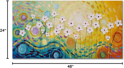 Yihui Arts Hand-Painted Textured Floral Oil Painting on Canvas - Vibrant Abstract White Flowers Wall Art for Living Room, Bedroom, Modern Home Decor