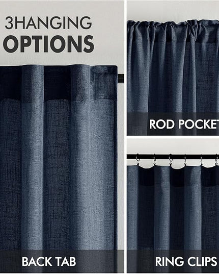 MIULEE Navy Blue Linen Curtains 90 Inch Length 2 Panels for Bedroom Living Room, Soft Thick Linen Textured Natural Window Drapes Semi Sheer Light Filtering Back Tab Rod Pocket Burlap Look Decor