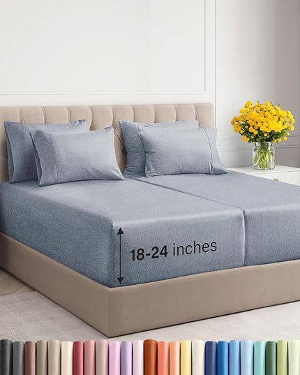 Extra Deep Split King Sheet Set - 7 Piece Breathable & Cooling Sheets - Hotel Luxury Bed Sheets Set - Easy Fit - Soft, Wrinkle Free & Comfy Sheets Set - Heathered Blue Sheet Set w/Extra Deep Pockets