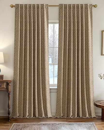 MIULEE Decorative Back Tab Linen Curtains with Geometric Pattern for Living Room Bedroom Farmhouse Rustic Thick Woven Textured Patterned Mudcloth Drapes 96 Inches Long 2 Panels Set, Brown
