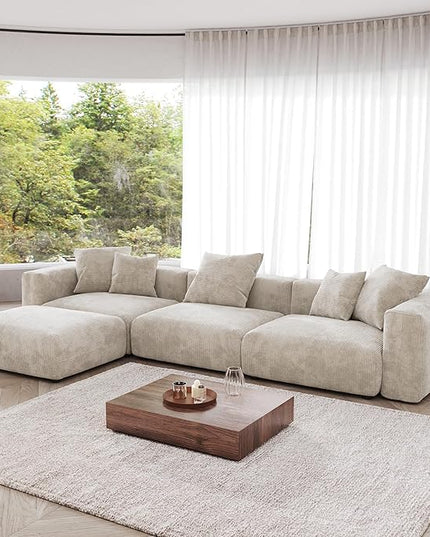 JACH Sectional Couch with 5 Pillows, Luxurious Modular Sectional Couch with Chaise Ottoman, Cushion Covers Removable, Corduroy Modern Soft Couches for Living Room, Office (Beige)