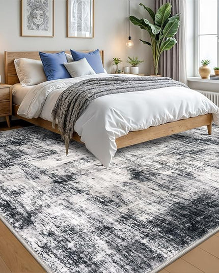 IOHOUZE Abstract Area Rugs 9x12 Ft Washable Large Rugs for Living Room, Non Slip Dining Room Rug, Printed Rugs for Bedroom, Floor Carpet for Office Nursery Playroom, Black Grey