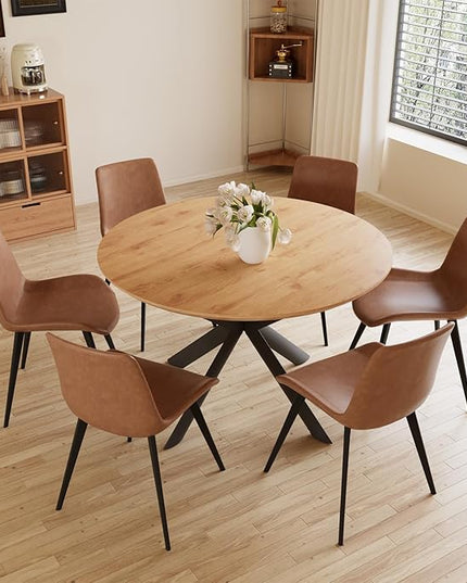 43.2"-59.1" Extendable Round Dining Table Set, Mid Century Wooden Round Kitchen Table, Oak Coffee Table for 4-6 Person,PU Leather Chair