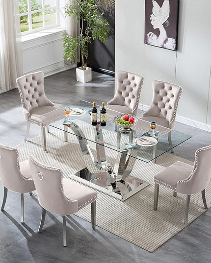 HomVent 70'' Glass Dining Table Set for 6, Modern Rectangle Glass Kitchen Table Set for 6, Kitchen Table and Chairs Set for 6 for Living Room,Kitchen