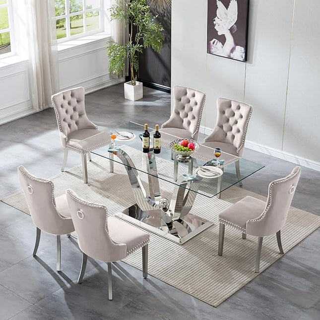 7-Piece Glass Dining Table Set w/6 Beige Upholstered Dining Chairs, 70in Rectangular Large Kitchen Table Set for 6, Glass and Silver Dining Table and Chair Set for 6