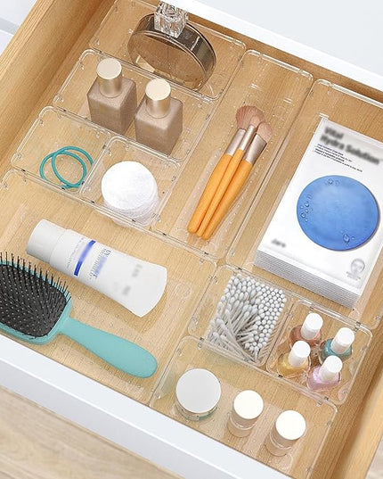 23 PCS Clear Plastic Drawer Organizers Set, 4 Size Desk Drawer Organizer Trays for Makeup, Jewelry, Kitchen Utensils, Gadgets and Office Accessories