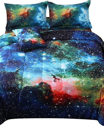 JQinHome Queen Galaxy Comforter Sets 6 Piece Bed in A Bag, Outer Space Themed Bedding for Children Boy Girl Teen Kids,1 Comforter, 1 Flat Sheet, 1 Fitted Sheet, 2 Pillowshams, 1 Cushion Cover(Blue)
