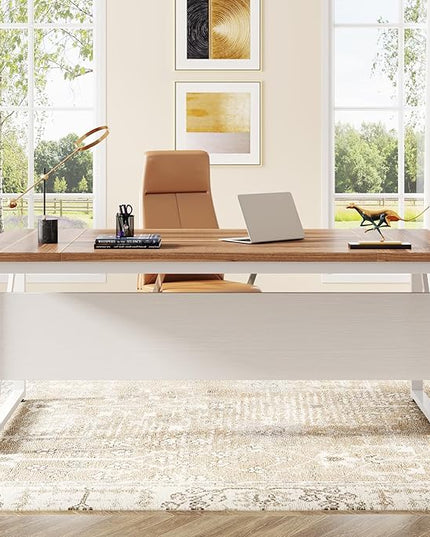Tribesigns 63 inches Computer Desk with Bottom Storage Shelf Home Office Desk Writing Table for Workstation,Dark Walnut + Steel Leg， Cabinet not Included (Beige, 63-inch)
