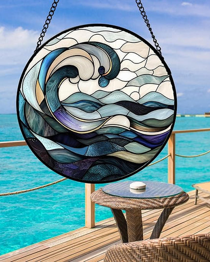 Stained Glass Window Hanging, Ocean Waves Sun Catchers Diamond Glass Panel Hangings Abstract Suncatcher Decor for Birthday for Women, Men, Wife, Aunt, and Mom 14.9x14.9 in