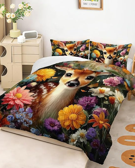 AILONEN Cute Deer Comforter Set Full Size,Kawaii Fawn Animal Bedding Sets Bedroom Decor,Beautiful Floral Duvet Set,3-Piece, 1 Quilt and 2 Pillowcases,Soft Breathable
