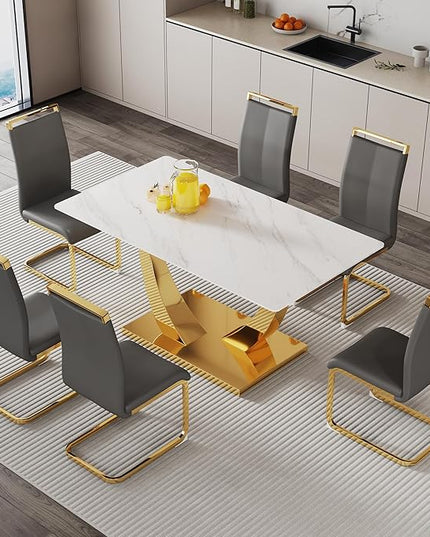63” Dining Room Table Set for 6,Modern Gold Dining Table Set for 6 with Leather Chairs, White Faux Marble Dinner Table Set with Tempered Glass Top and Golden Base