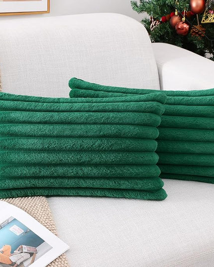Pallene Faux Fur Plush Lumbar Christmas Throw Pillow Covers 12x20 Set of 2, Luxury Soft Fluffy Striped Decorative Pillow Covers for Sofa, Couch, Living Room, Christmas Green