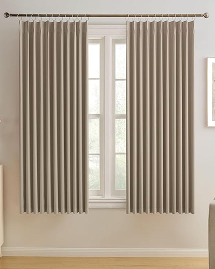 KEQIAOSUOCAI Pinch Pleated Window Curtain Panels 63 Inches Long Light Blocking Solid Ceiling Floor Pleated Curtains Hooks Track Privacy Memory Shape Drape for Living Room,Khaki,80x63, Set of 2