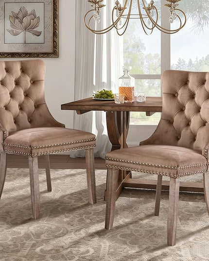 SoarFlash Velvet Dining Chairs Set of 6, Tall Back Side Chair, Modern Upholstered High-end Tufted Side Chair with Button Back Ring, Solid Wood Legs (Khaki)