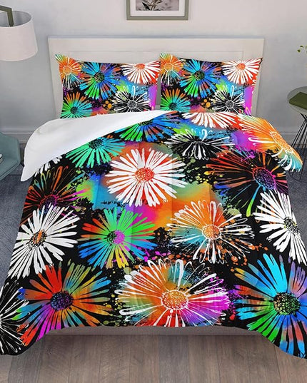 AILONEN Flowers Comforter Set Twin Size, Neon Color Tie-Dye Chrysanthemum Pattern Bedding Set Colorful Plants Theme Quilt Set Bedroom Decor 3Pcs(1 Comforter + 2 Pillowcases)