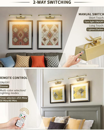 Joosenhouse Battery Operated Picture Light 5000mAh Rechargeable Wall Light 15.7" Wireless Picture Lights for Wall with Remote Control for Paintings Photo Spot Lights Indoor Brass Color