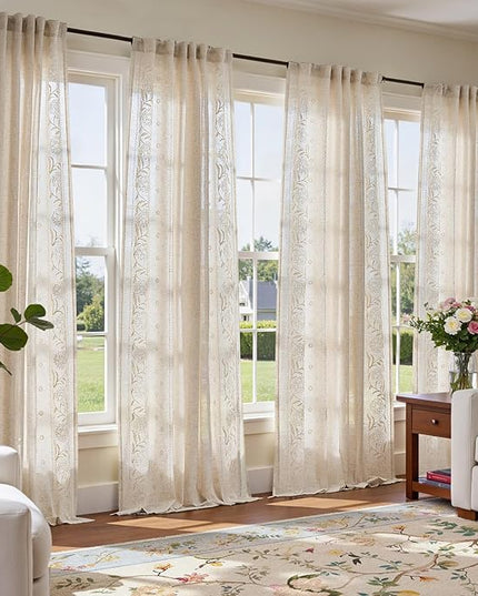 jinchan Winslow Linen Curtains for Living Room Floral Curtains 84 Inch Length Ivory Embroidered Bordered for Sitting Room Farmhouse Decor Light Filtering Window Treatments Set of 4