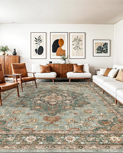 Washable Oriental Area Rug - 10x14 Rugs for Living Room Soft Carpet for Bedroom Waterproof Floral Distressed Indoor Stain Resistant Non-Shedding Floor Carpets (Green, 10X14)