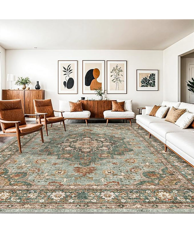 Washable Oriental Area Rug - 10x14 Rugs for Living Room Soft Carpet for Bedroom Waterproof Floral Distressed Indoor Stain Resistant Non-Shedding Floor Carpets (Green, 10X14)