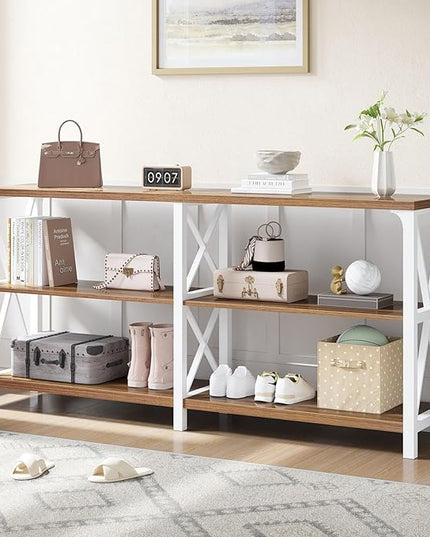 LVB Industrial Entryway Table, Farmhouse Rustic Console Table Behind Couch, Long Metal Sofa Table with Storage Shelf, Modern Hallway Table for Living Room Bedroom,White and Rustic Oak,63 inch
