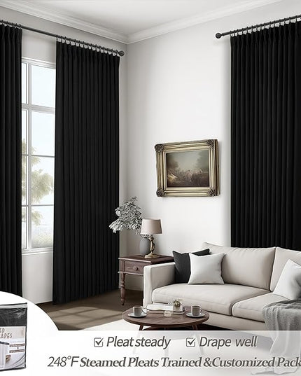 Floor to Ceiling Black Linen Curtains 102 Inches Long for Dining Room 2 Panels Set, Full Blackout Pinch Pleated Thermal Heat Reducing Drapes with Hooks for 100-102 Inch Large Window Double Layer Burg