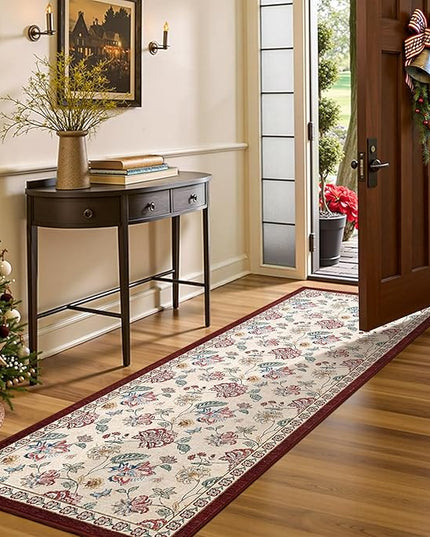 jinchan Elora 3x8 Floral Runner Rug for Hallway Washable Runner Vintage Romance Christmas Design Non Slip Thin Indoor Floor Cover Low-Profile Throw Carpet for Entryway Bathroom Bedroom, Red/Beige